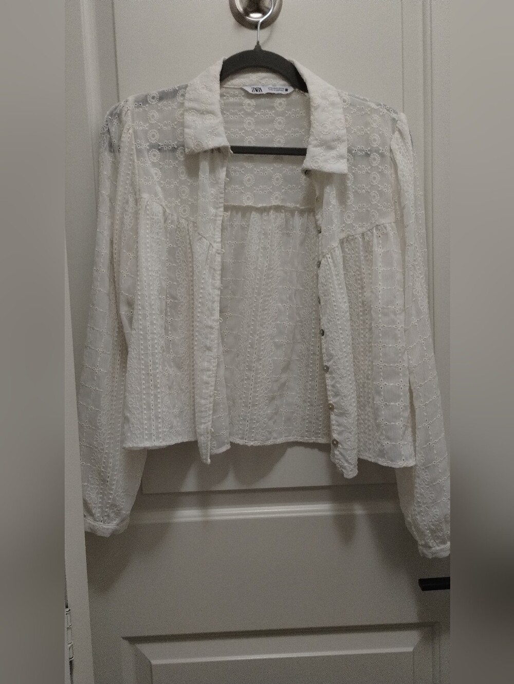 Zara White Eyelet Button-Down Shirt Jacket